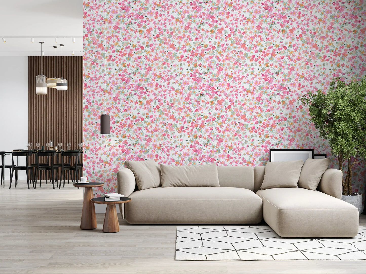 Cheerful pick for a living room corner with daisy wallpaper, pink, coral, peach