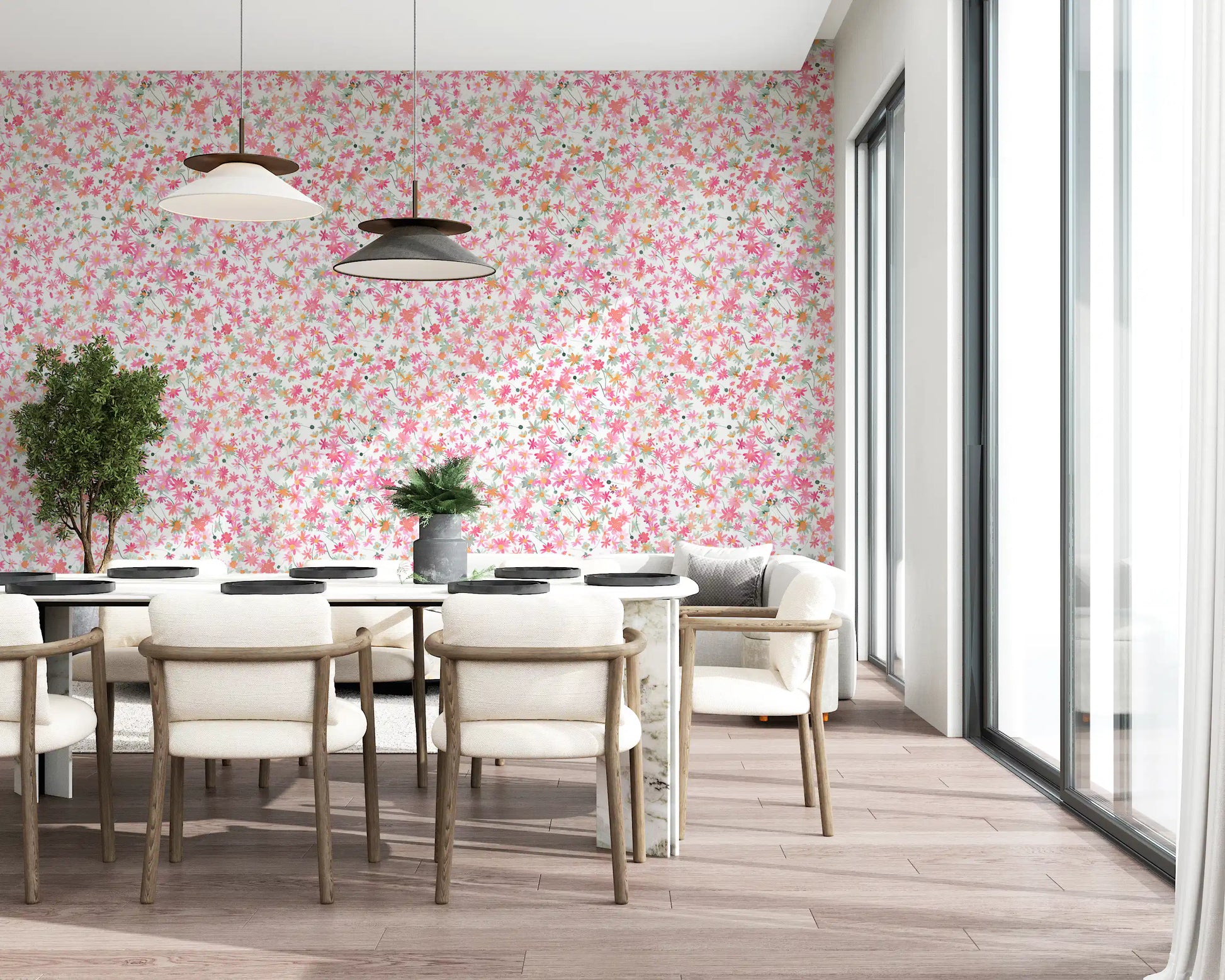 Daisy Dance wallpaper dresses the dining room in pink, coral and peach