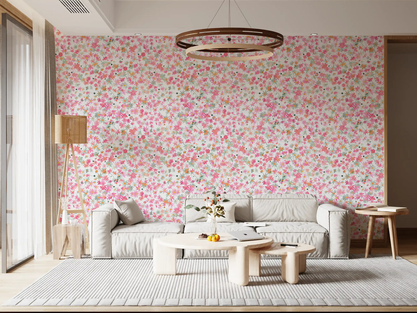 Playful and feminine, Watercolor Daisy wallpaper blends pink with peach