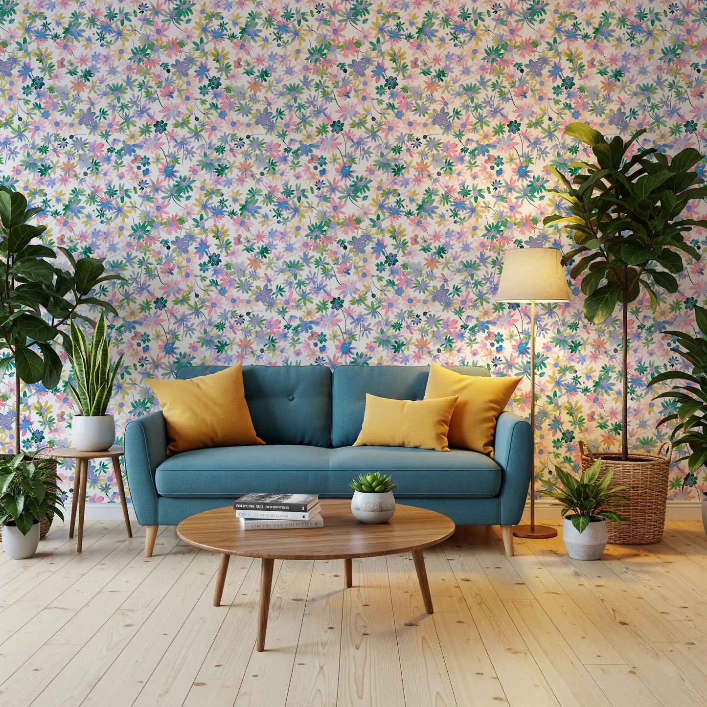 Cheerful pastels paint a lounge in the Dreamy Blooms wallpaper fines