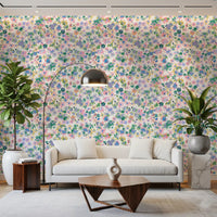 Dreamy Blooms wallpaper lays ditsy florals across a Living room