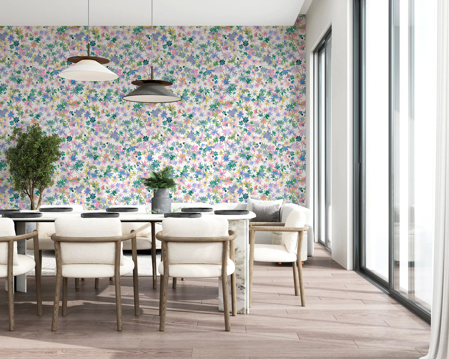 A Dining feature reads pastel via Meadow Blooms wallpaper