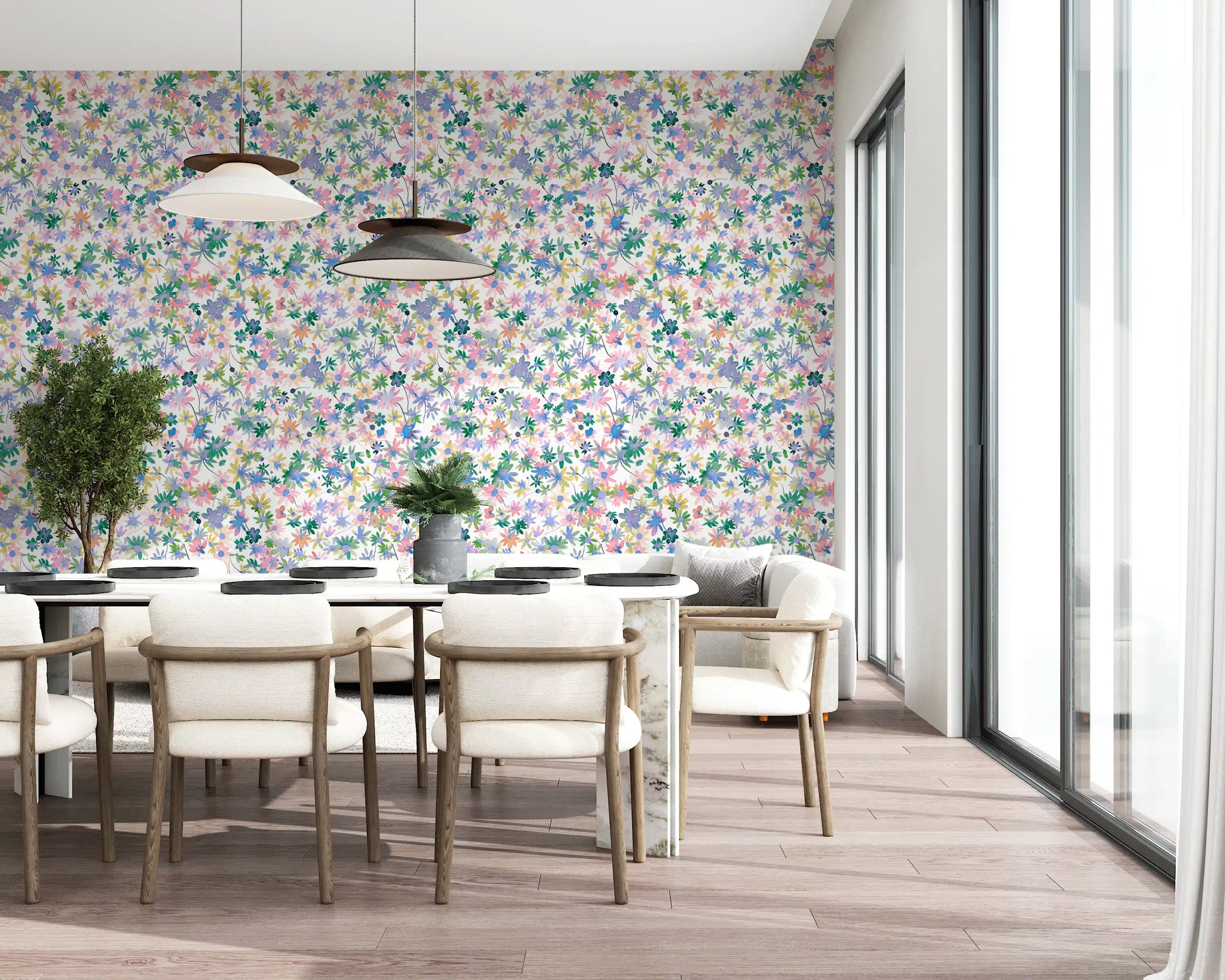 A Dining feature reads pastel via Meadow Blooms wallpaper