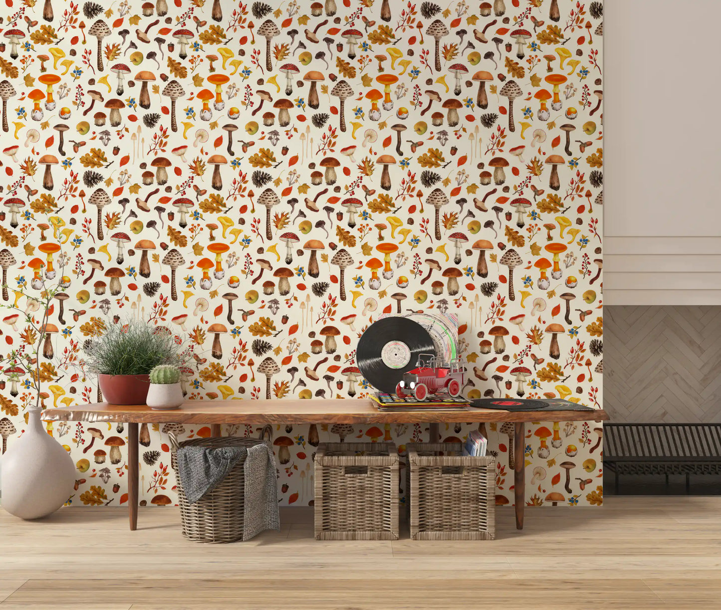 Palm-sized toadstools cluster beside tiny berries on wild mushroom wallpaper.