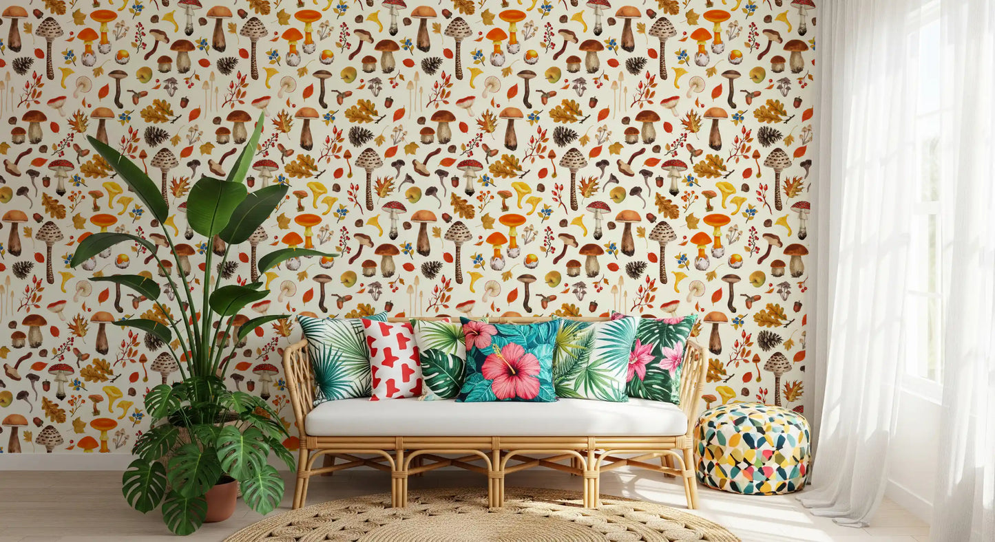 Stepping back, the Living room reads earthy and warm in the wallpaper.