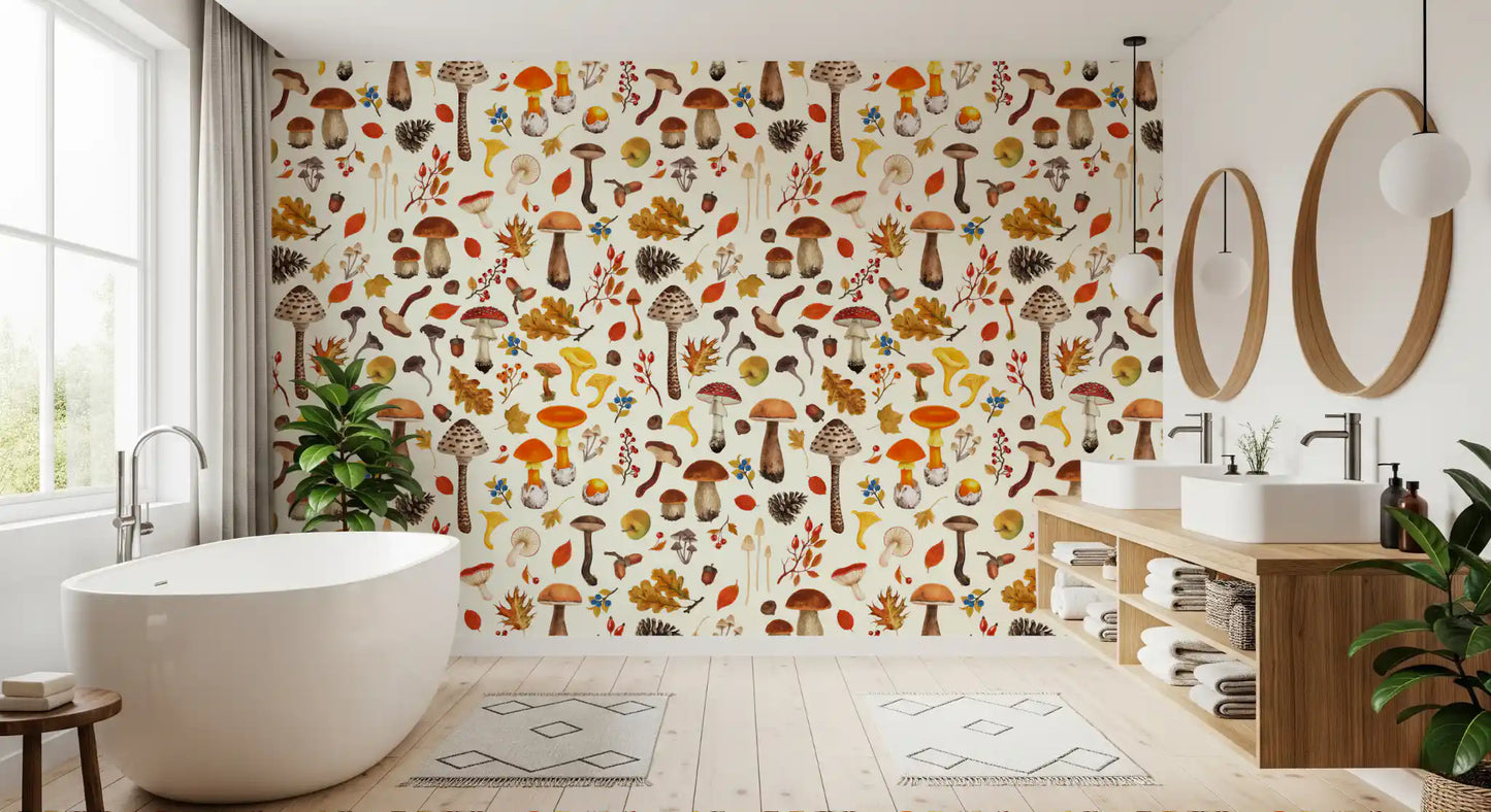 From the center , fly agaric and parasol fungi dot Wild Mushroom Wallpaper