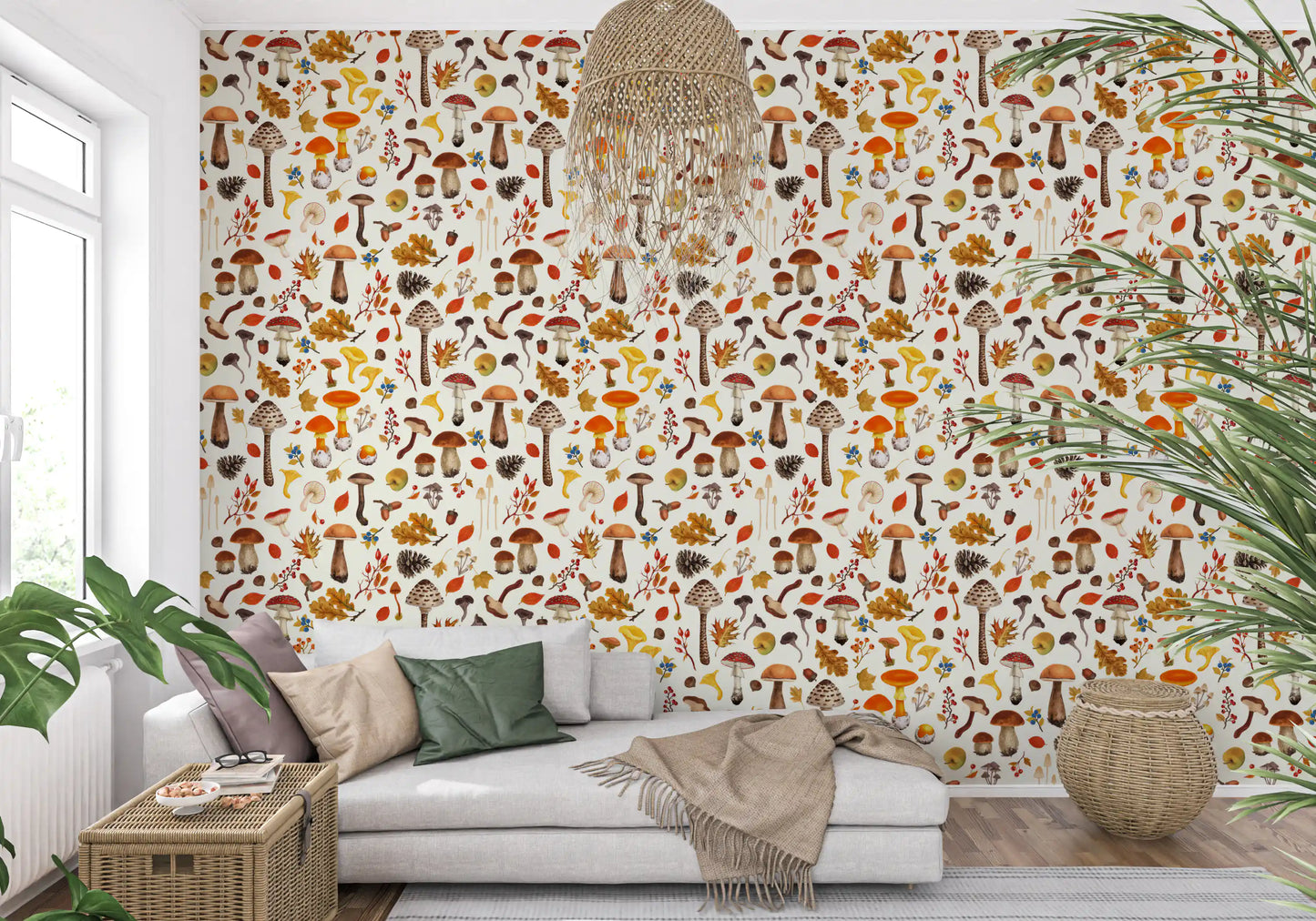 A foraged-woods mood lifts the hallway with wild mushroom wallpaper.