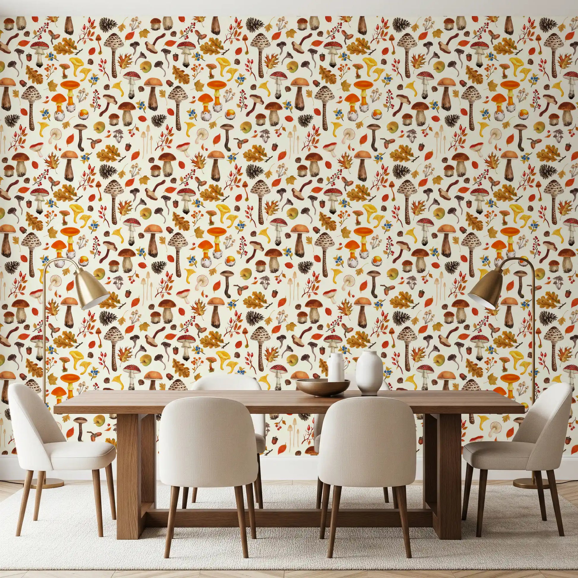 Toadstools and oak leaves drift around mushroom wallpaper in a dining room.