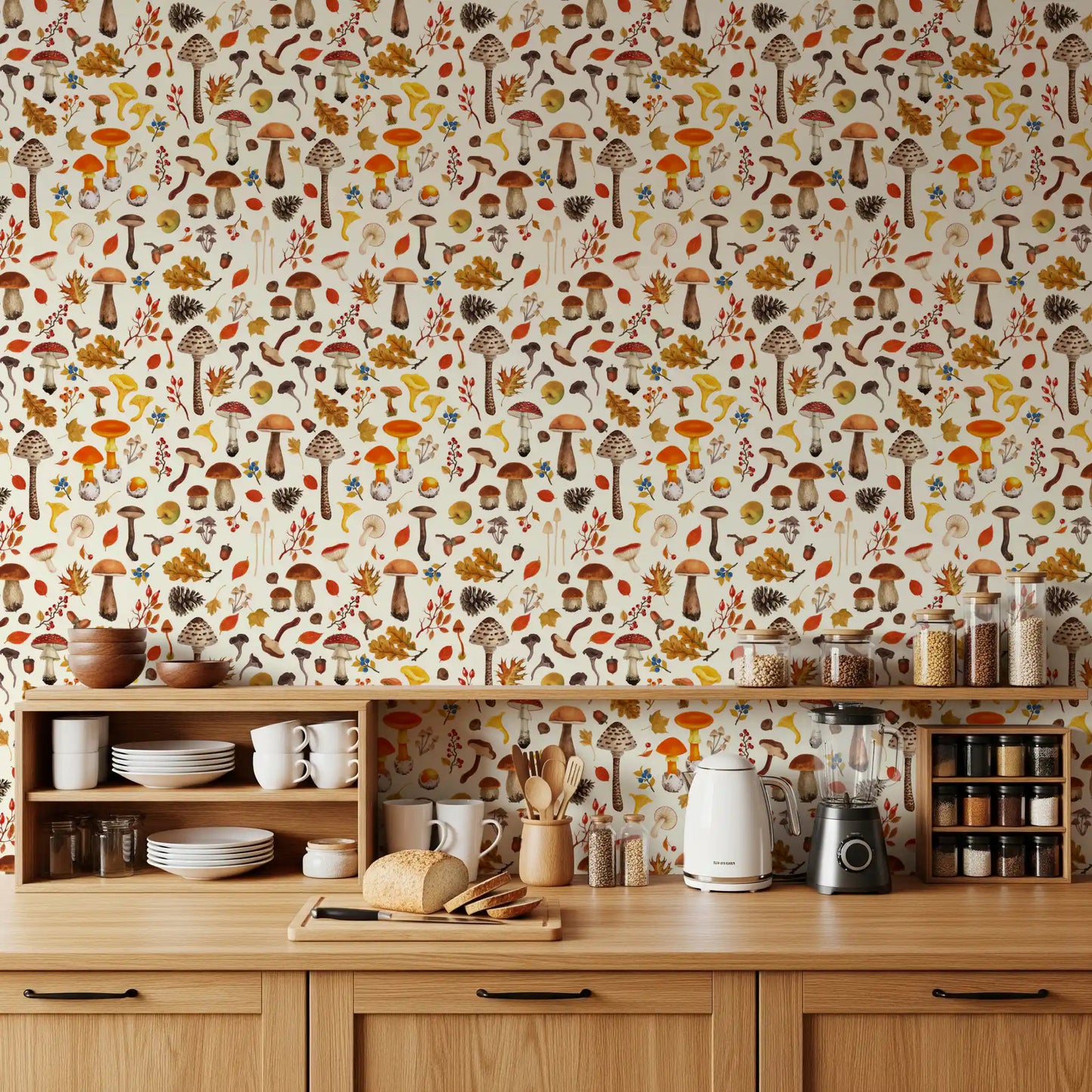 Ivory, rust, and ochre tones settle a Kitchen dressed in Wild Mushroom Wallpaper.