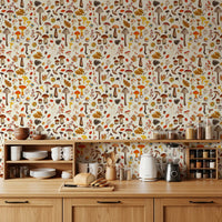 Ivory, rust, and ochre tones settle a Kitchen dressed in Wild Mushroom Wallpaper.