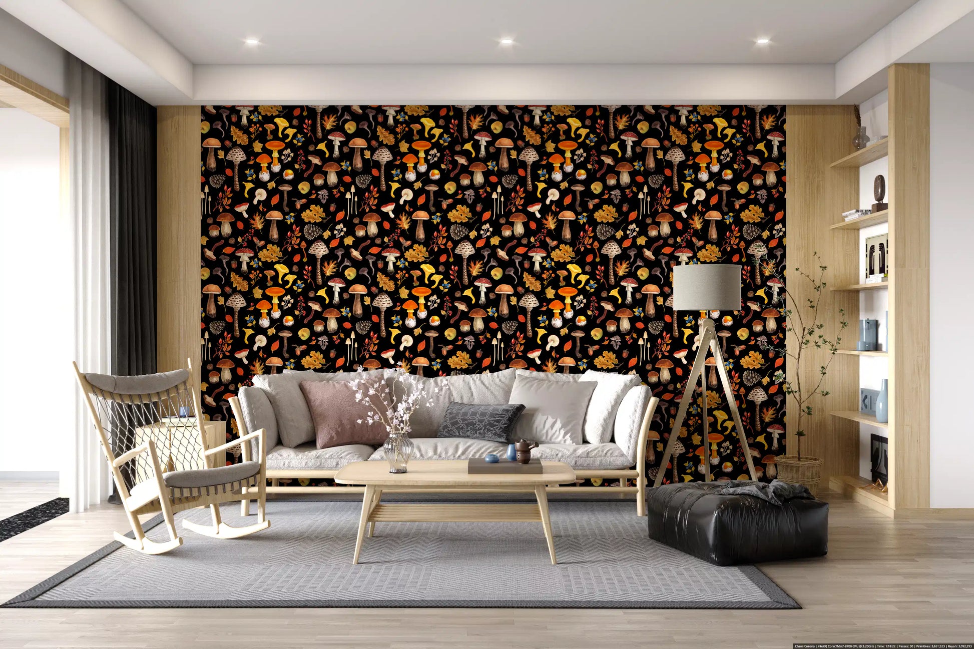 Used in a living room, the Wild Mushrooms on Black layers wallpaper 