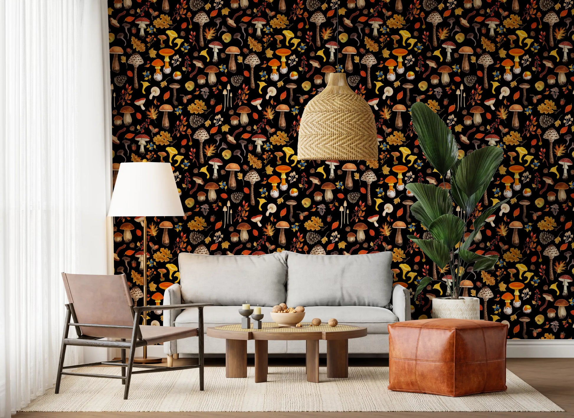 A Living room shows the Wild Mushrooms on Black wallpaper