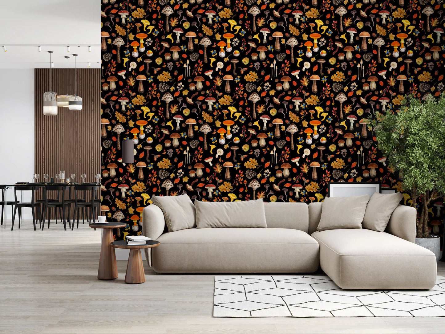 Tiny fly agarics and golden scatter through the Wild wallpaper.
