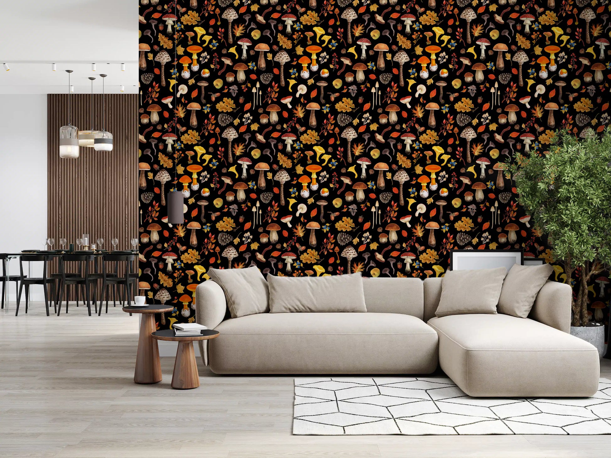Tiny fly agarics and golden scatter through the Wild wallpaper.