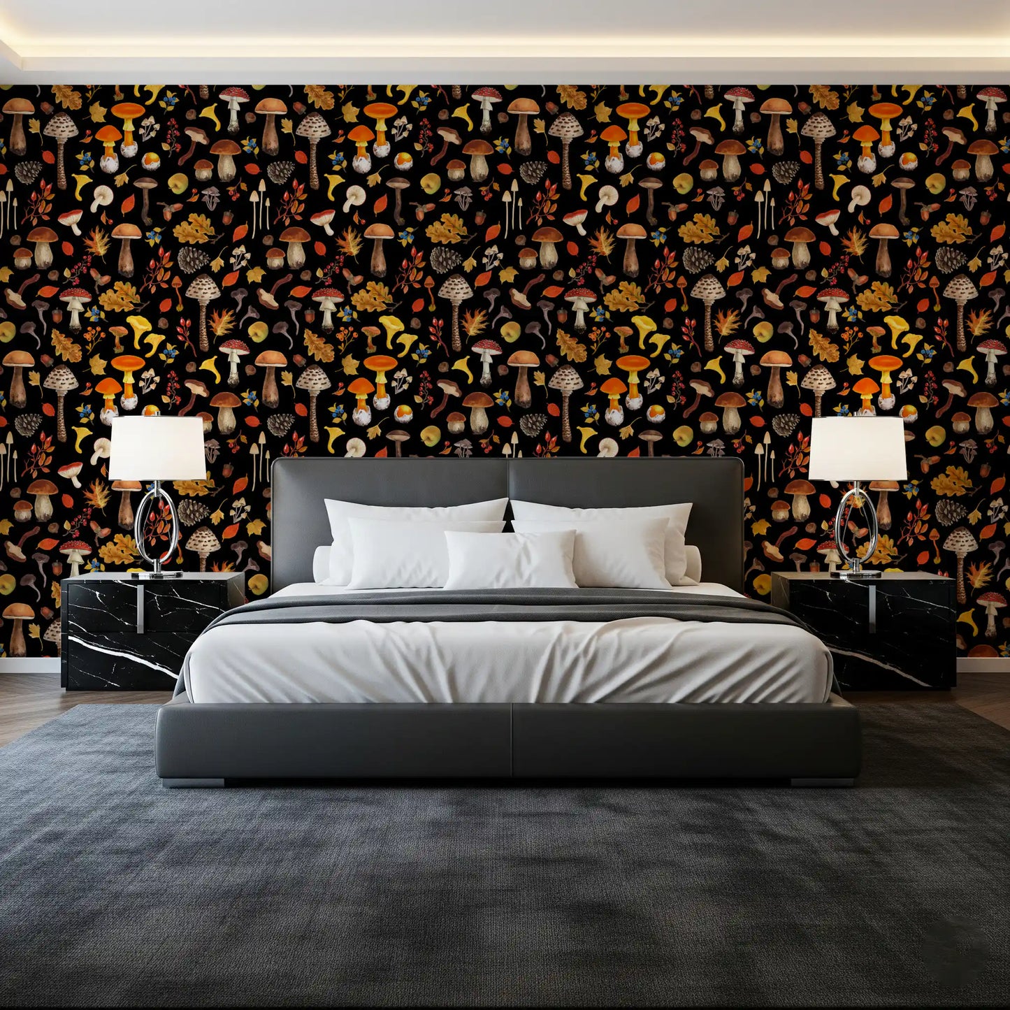 Mushroom and yellow oak  give the wallpaper a moody pull in a small Bedroom 