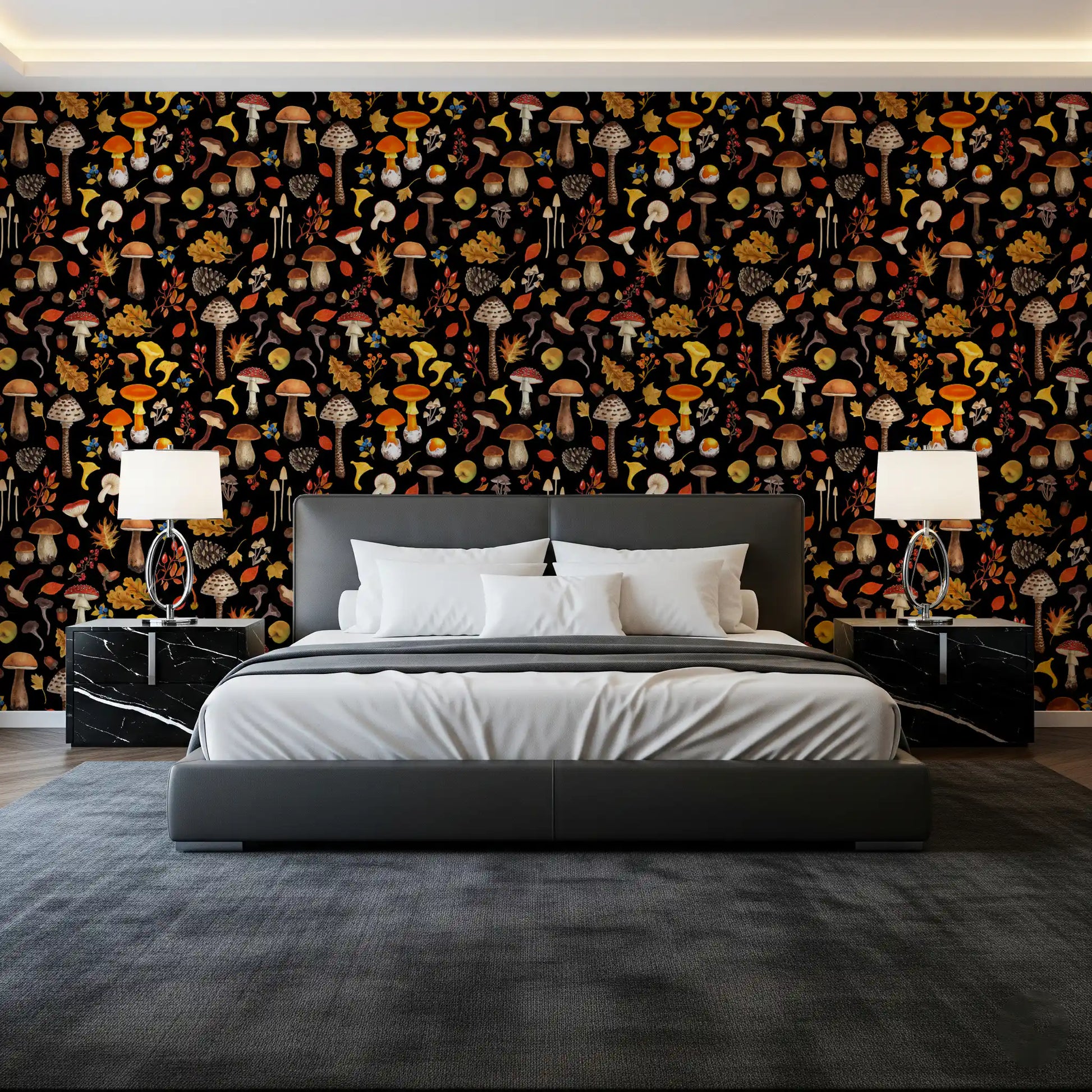Mushroom and yellow oak  give the wallpaper a moody pull in a small Bedroom 