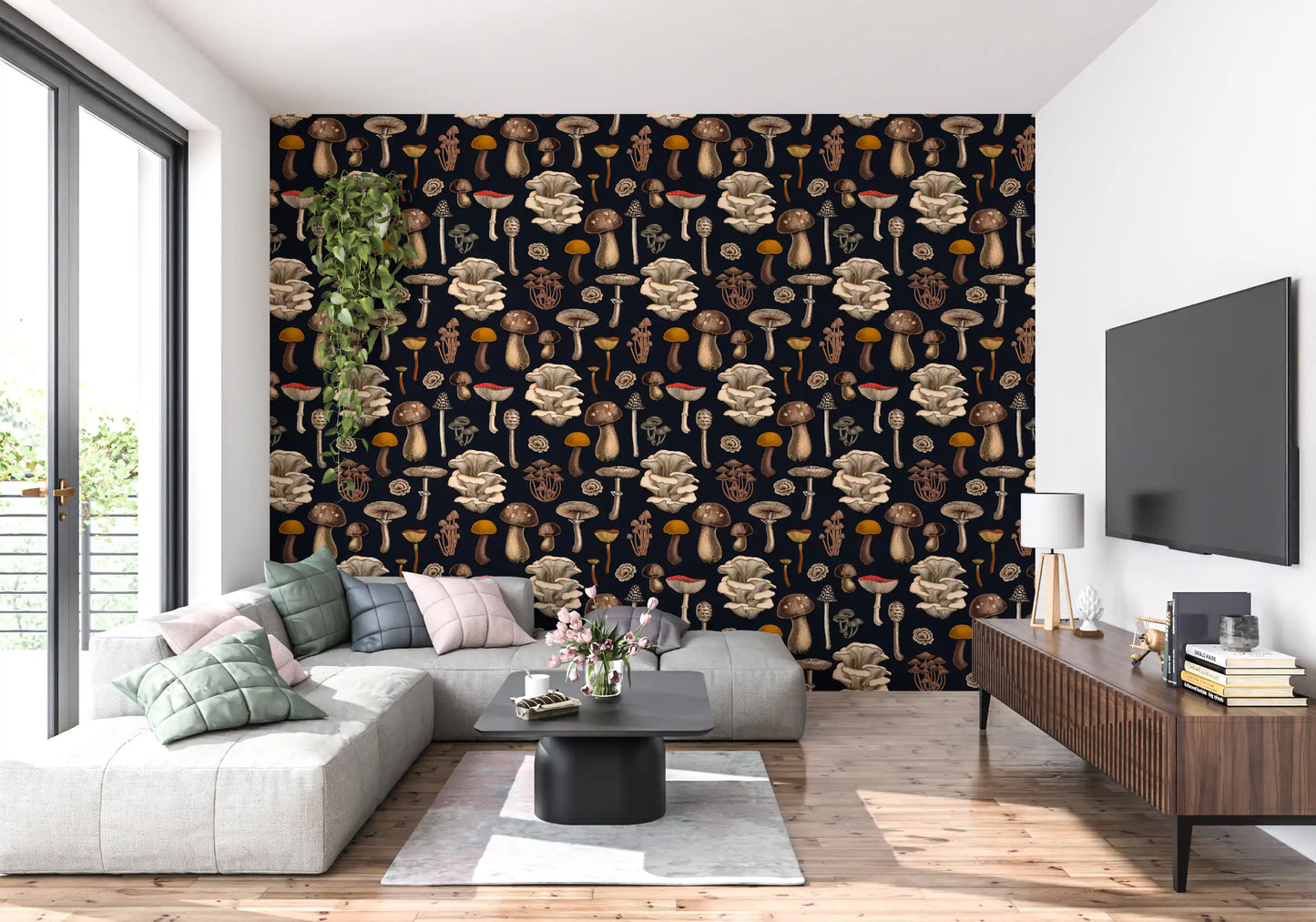 A hallway scene on cream and ochre fungi for this graphite black wallpaper feel.
