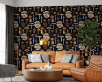 Wild wallpaper holds oyster, toadstools and caps on graphite black ground.