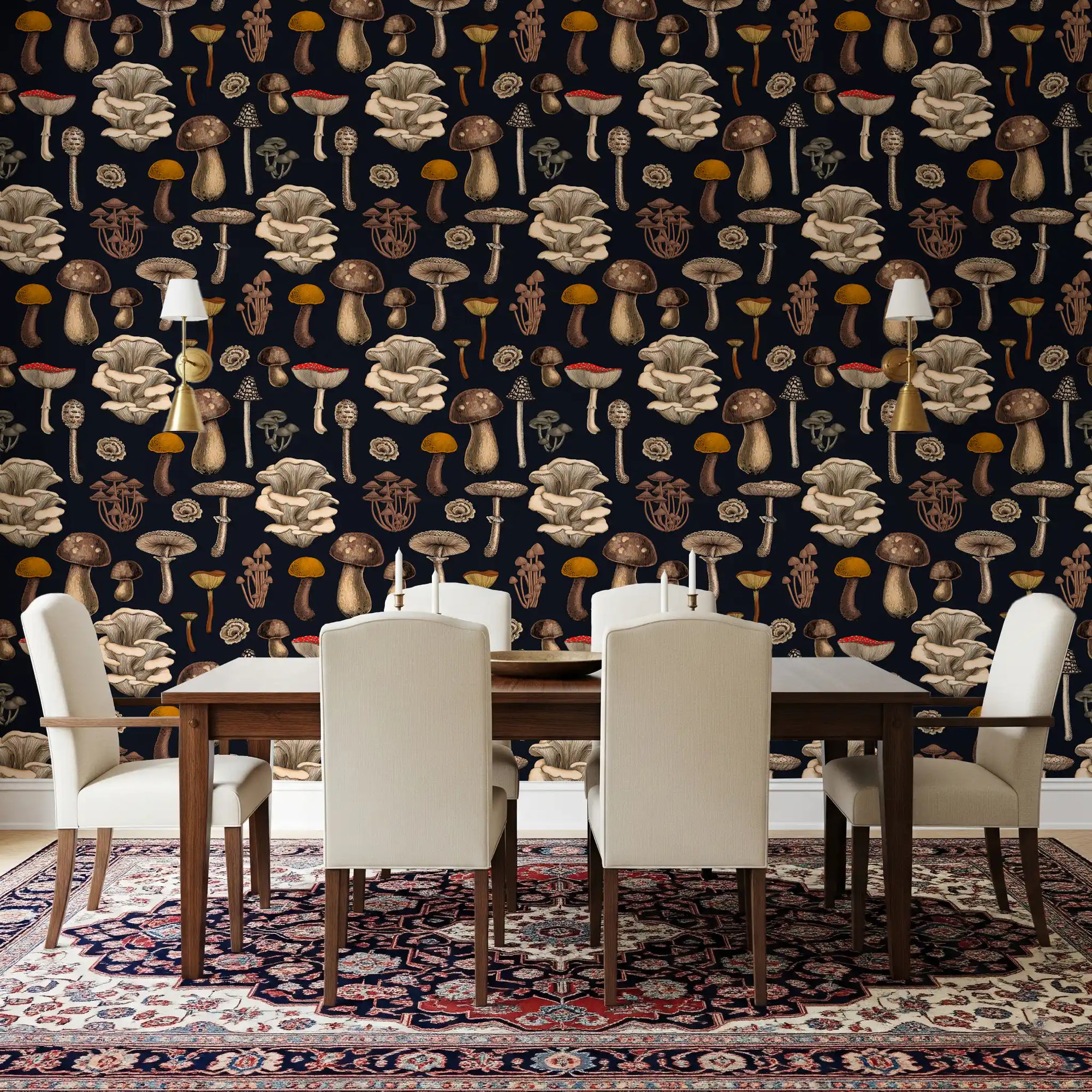 Dining room reads quiet across this graphite black mushroom wallpaper.