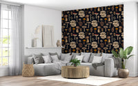 mushroom shapes lift a warm lounge corner over graphite black wallpaper.