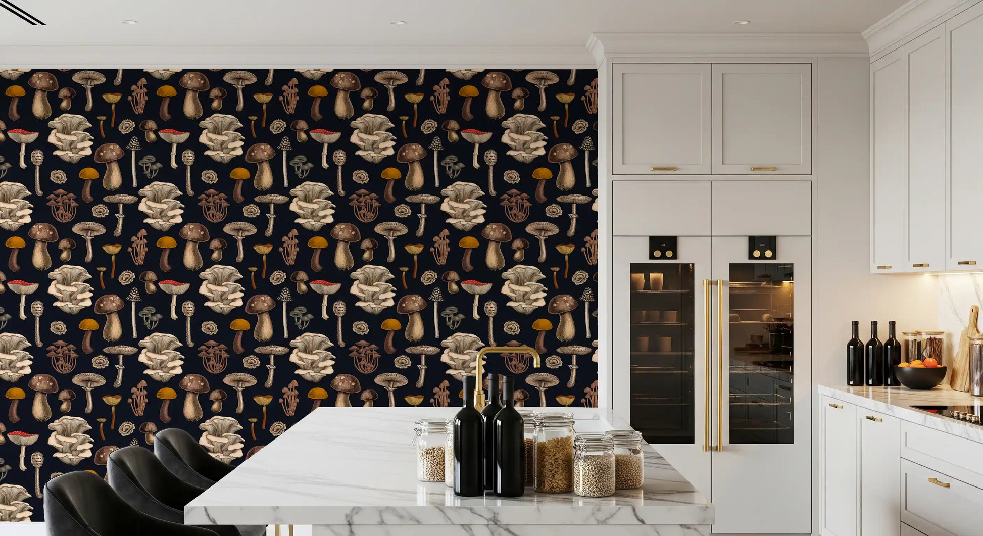 Vintage fungi edge an Kitchen and dining in this graphite black wallpaper.