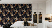 Vintage fungi edge an Kitchen and dining in this graphite black wallpaper.
