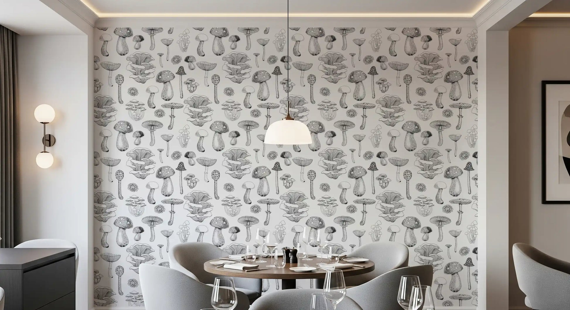 From the middle outward, caps fan over the Wild Mushrooms wallpaper neatly