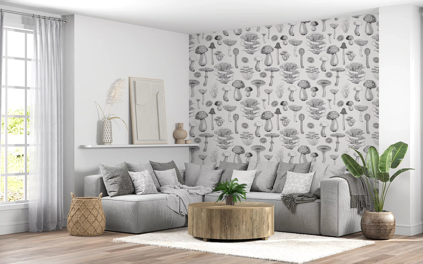 Quiet and grounded, the Lounge area  area pattern via the mushroom wallpaper.
