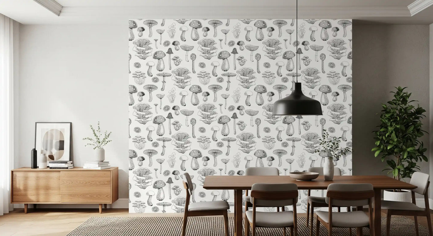 caps sit through the Dining room as Wild Mushrooms wallpaper covers the surface.