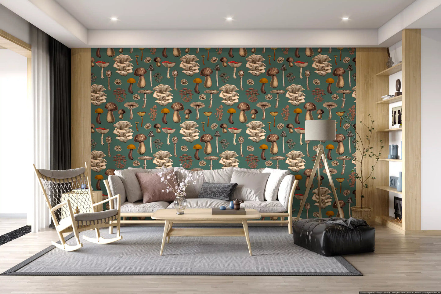 Living room area  takes cream caps and rust tones from this Wild Mushrooms wallpaper.