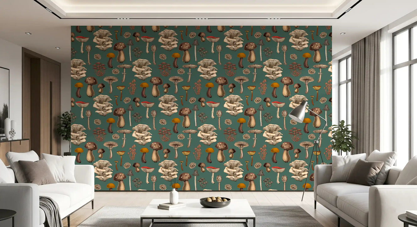 Wild Mushrooms  on pine green Wallpaper⁠