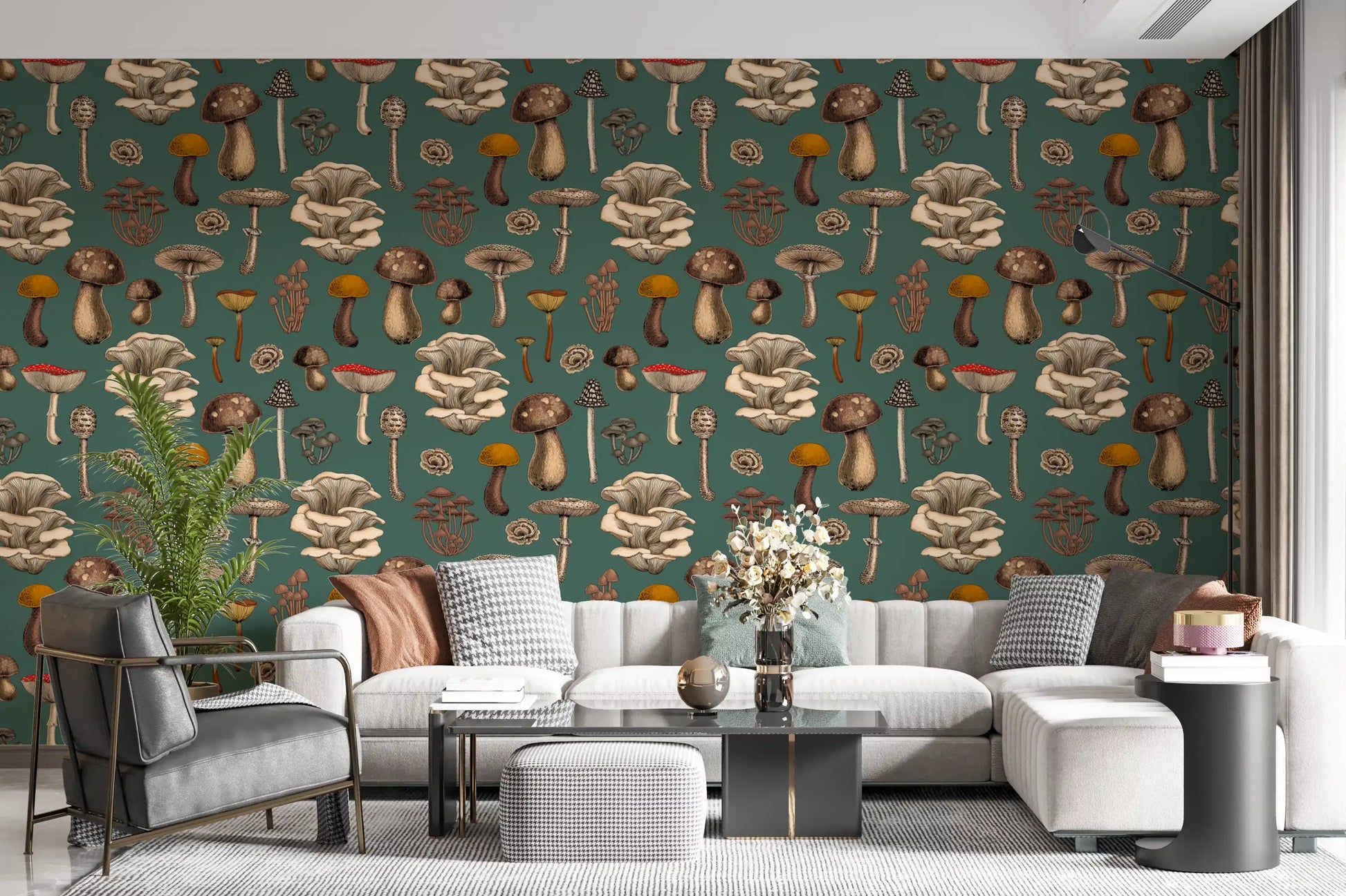 Vintage fungi fill the living room backdrop on this Wild Mushrooms wallpaper.