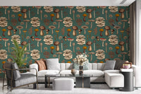 Vintage fungi fill the living room backdrop on this Wild Mushrooms wallpaper.