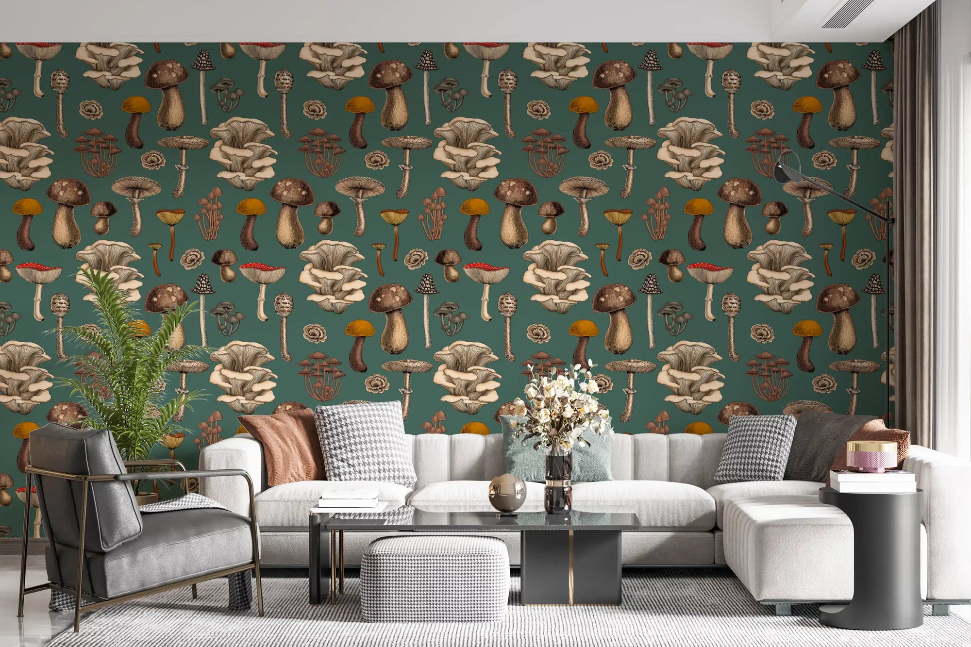 Vintage fungi fill the living room backdrop on this Wild Mushrooms wallpaper.
