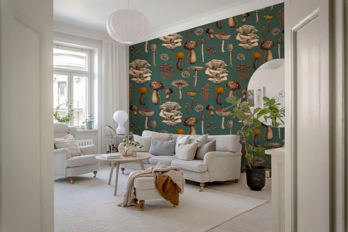 Wild Mushrooms wallpaper meets the Entryway with russet boletes and oyster .