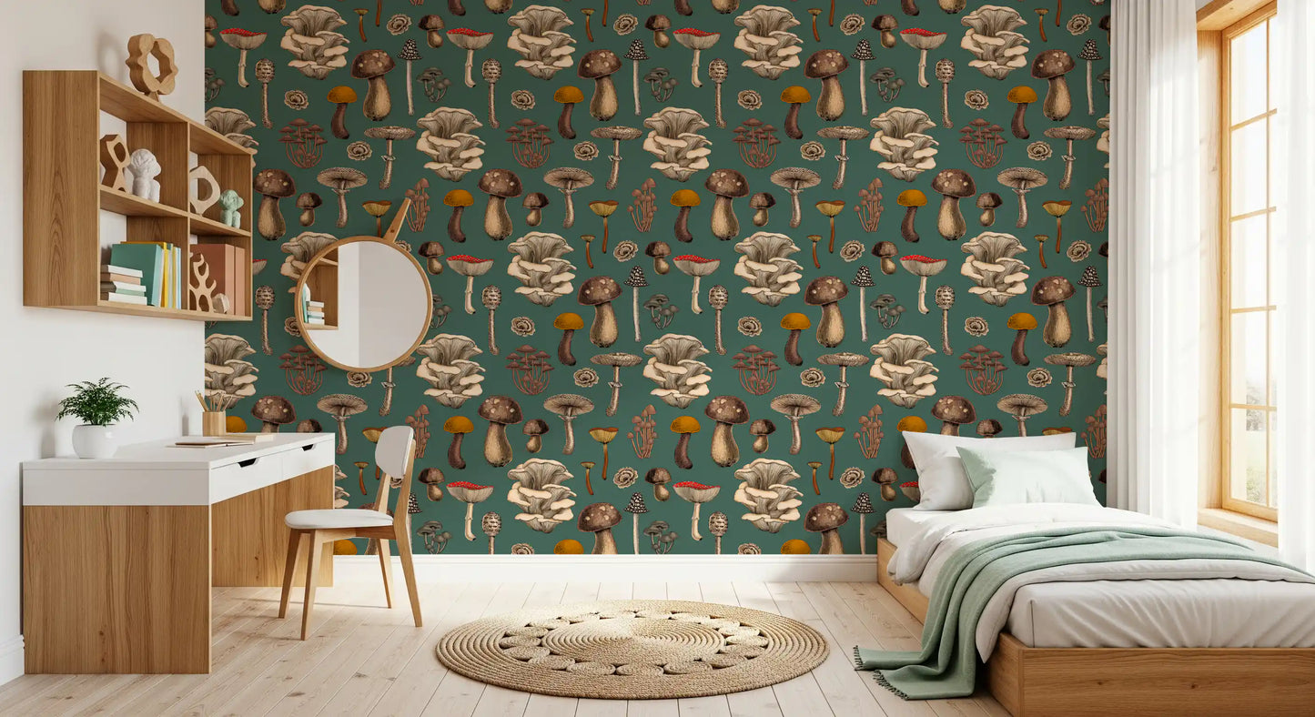 Ringed stems and oysters in this Wild wallpaper round out the bedroom view.