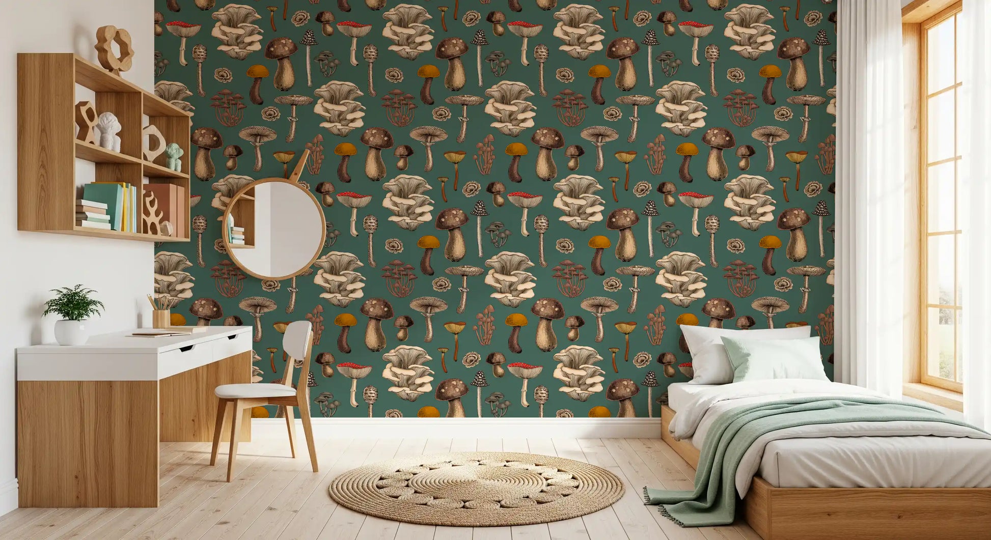Ringed stems and oysters in this Wild wallpaper round out the bedroom view.