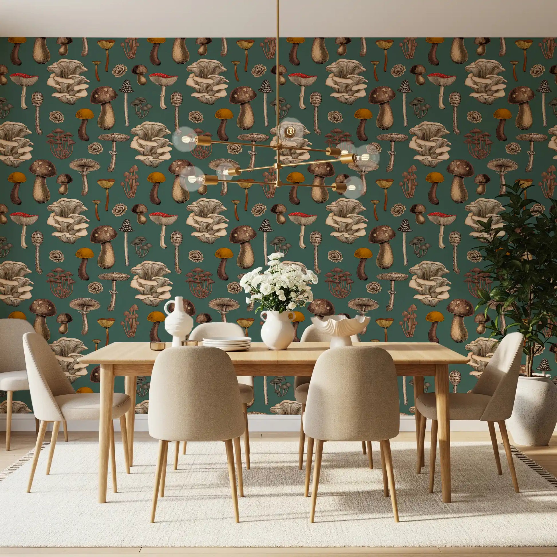 Dining room with the Wild wallpaper showing amanita and toadstool clusters.