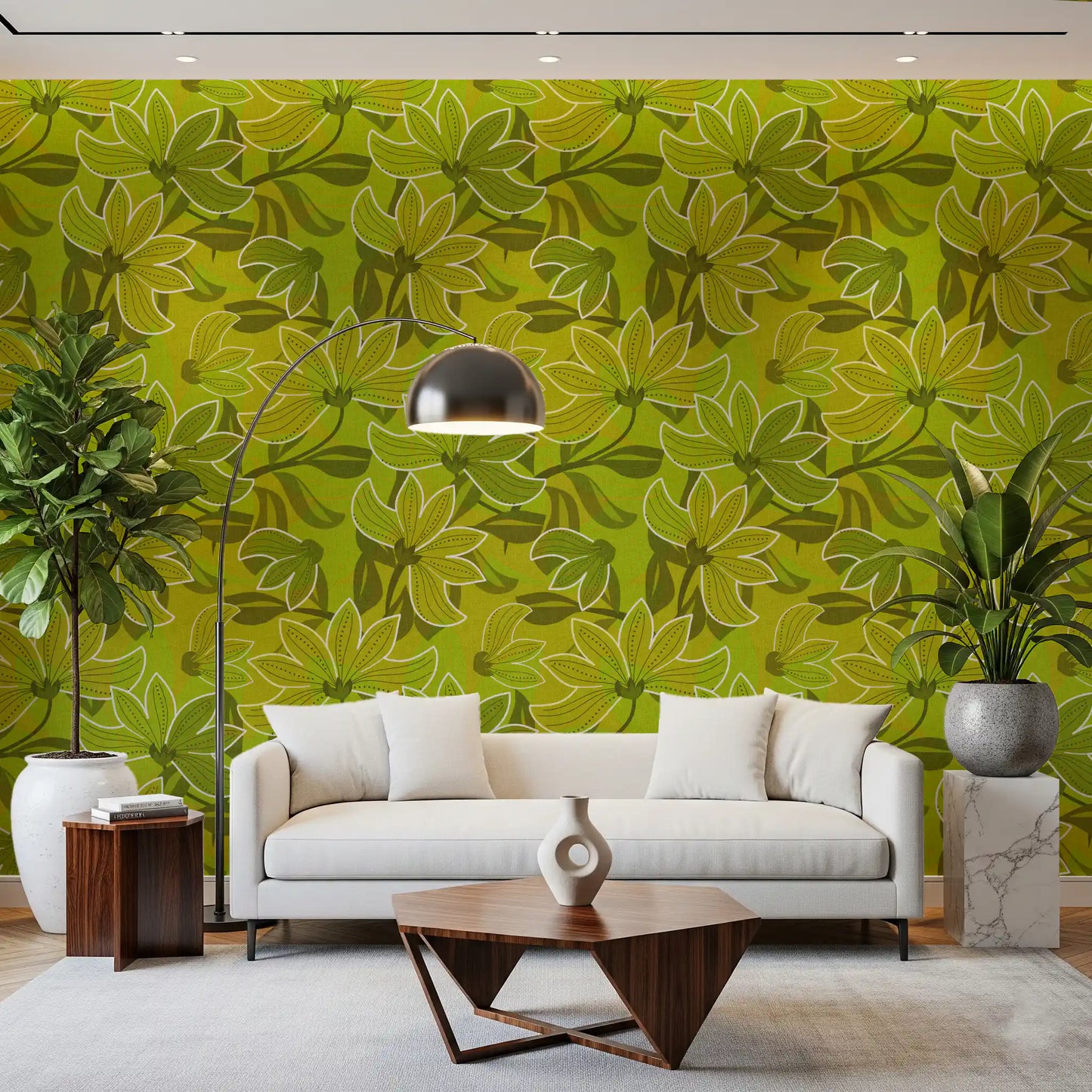 Oversized magnolia blooms outlined in white the Groovy Bloom wallpaper