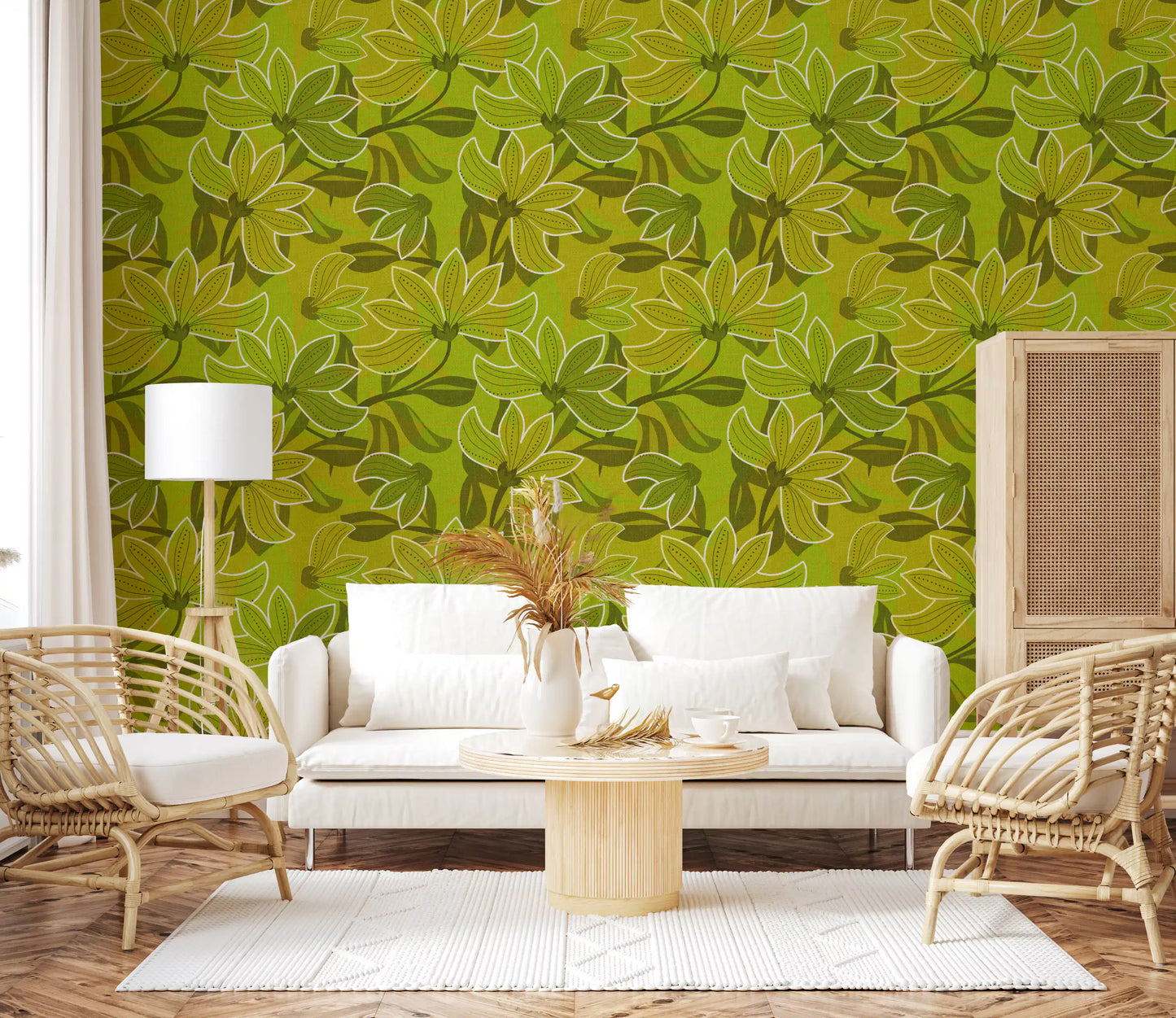 Loung area framed by the Groovy Green Bloom wallpaper 