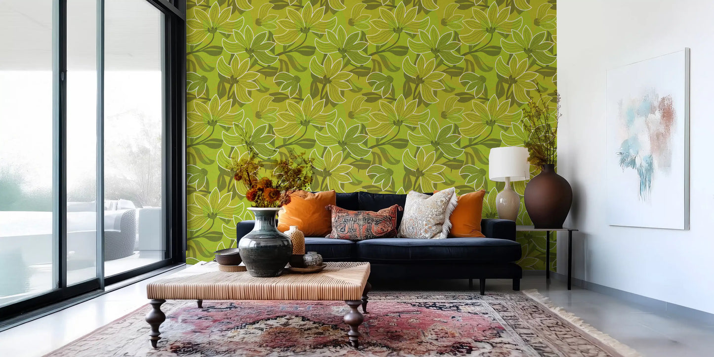 Magnolia florals running through the living room as a Green Bloom wallpaper 