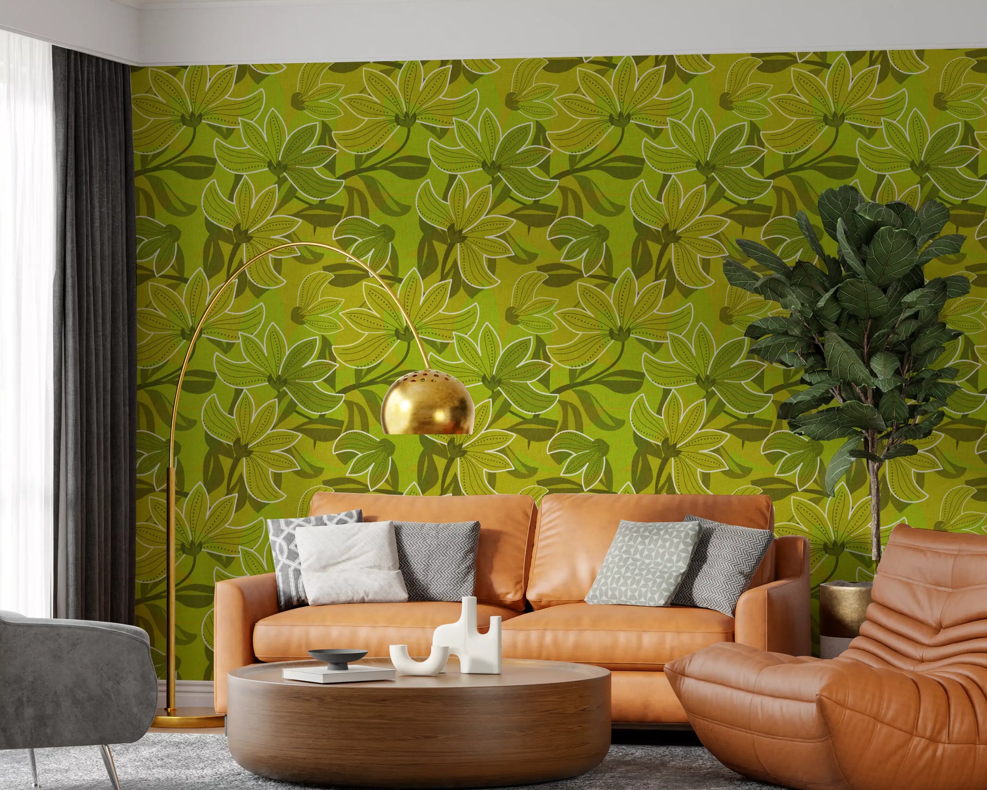 Overlapping leaves filling the gaps between blooms on this green floral wallpaper