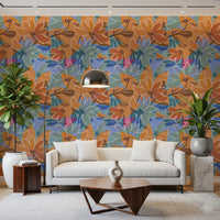Magnolia bloom wallpaper running across a Living room area