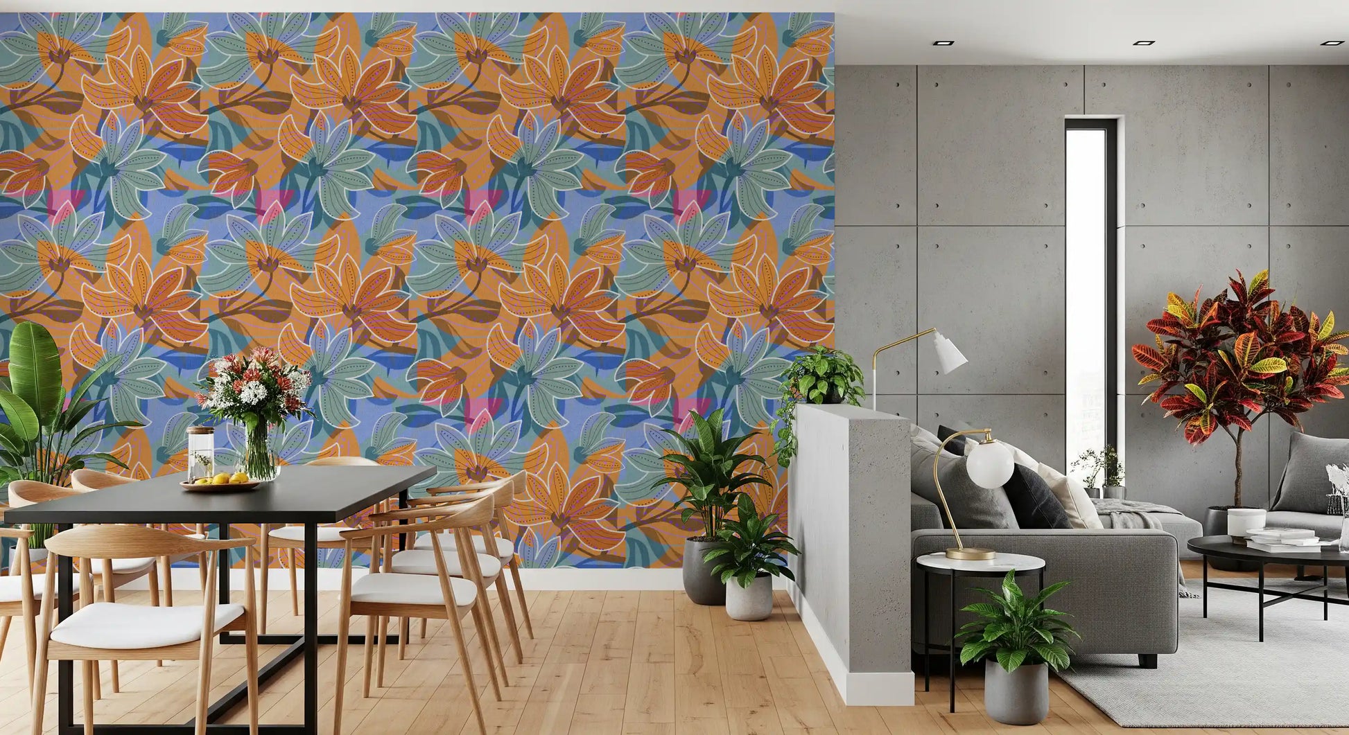 Long Living and dining room  Layered Floral Canvas wallpaper in warm tones