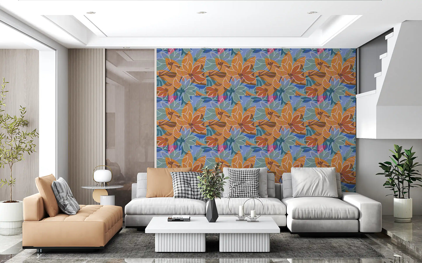 Living room corner styled around the Layered Floral Canvas wallpaper