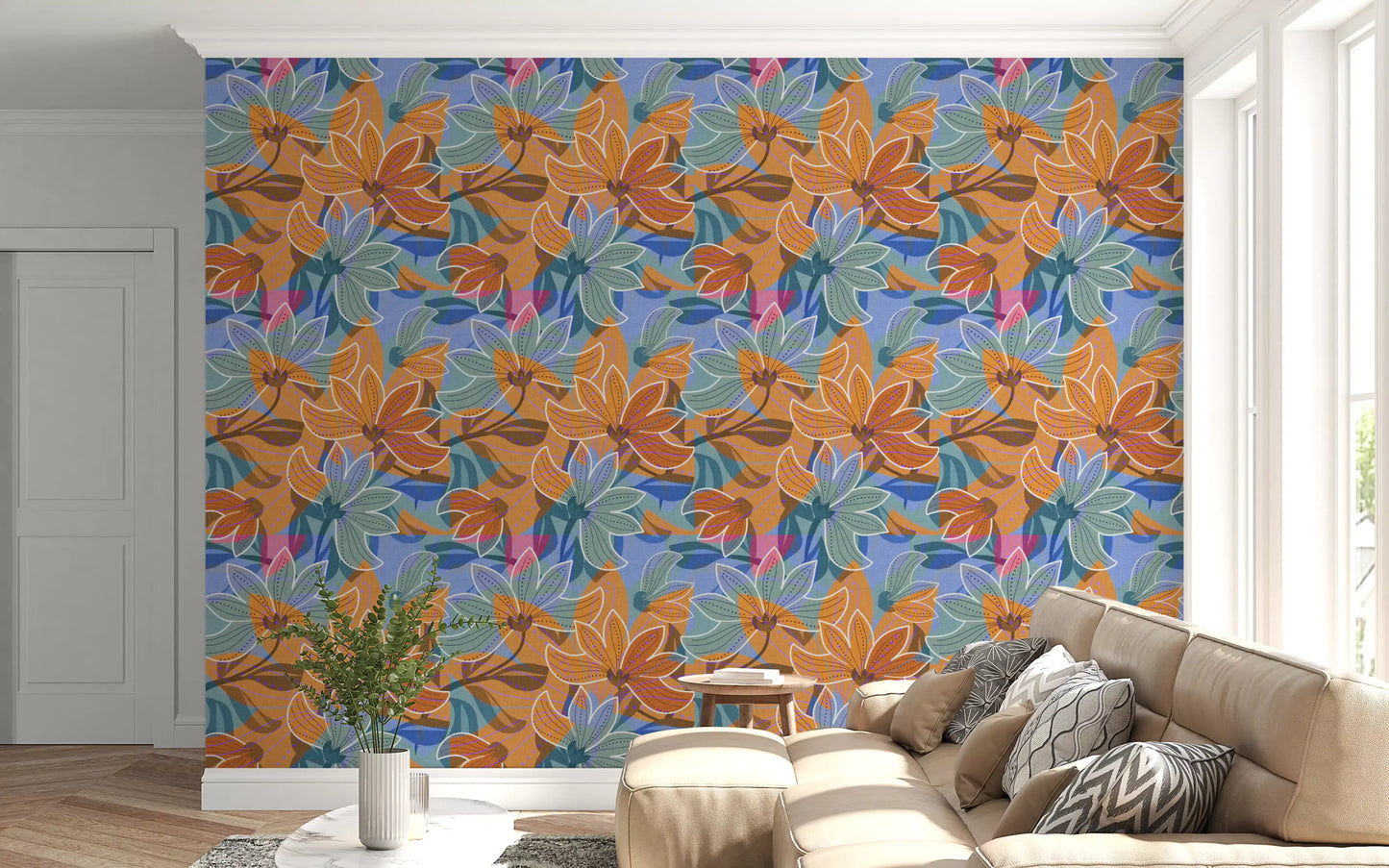 Purple dotted lines detailing the petals on the Layered Floral Canvas wallpaper