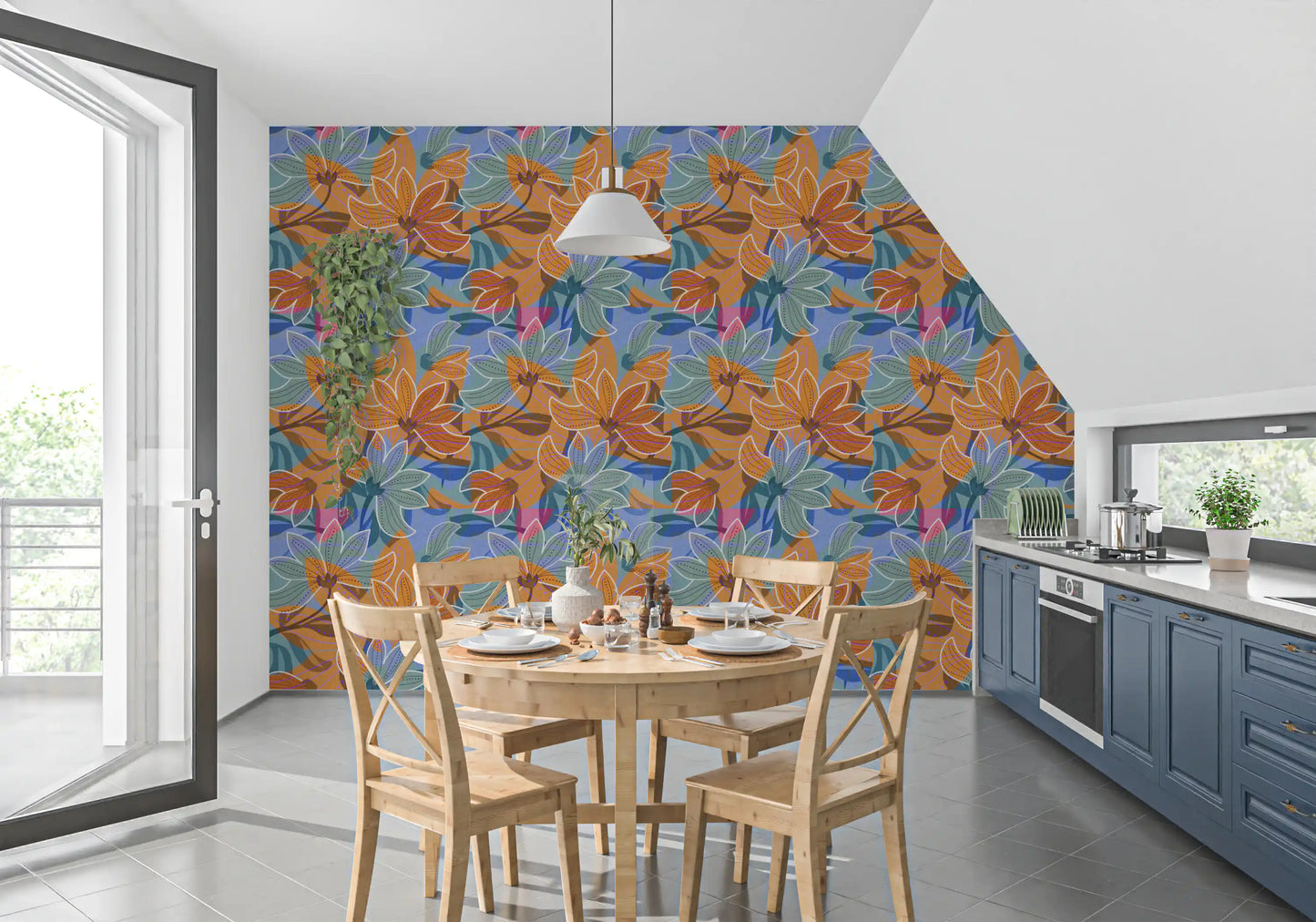 Kitchen-dining area paired with orange and blue magnolia florals on the wallpaper