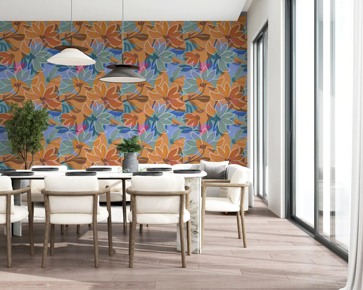 magnolia blooms in orange, blue and teal across the Layered Floral Canvas wallpaper