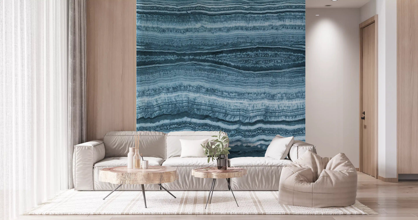 living room with blue agate strata wall mural running across the back surface