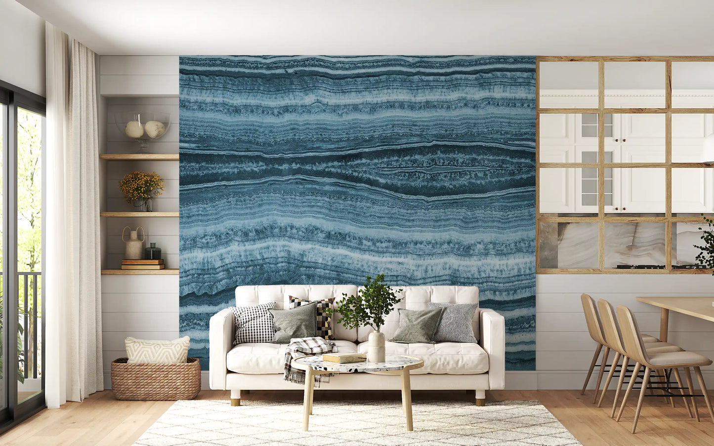 Dining room feature using the Deep Azure Strata wall mural 